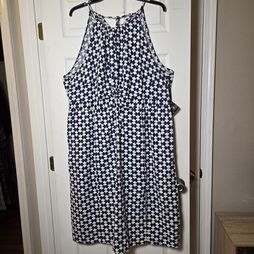 Ava & Viv 3X blue/wht geo print halter midi dress NWT linen/rayon casual summer